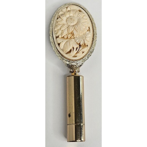 Accessories - Vintage Lipstick Holder w/ Mirror Flowers Floral Gold Tone Oval